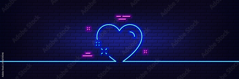 Neon light glow effect. Heart line icon. Love emotion sign. Valentine day symbol. 3d line neon glow icon. Brick wall banner. Heart outline. Vector