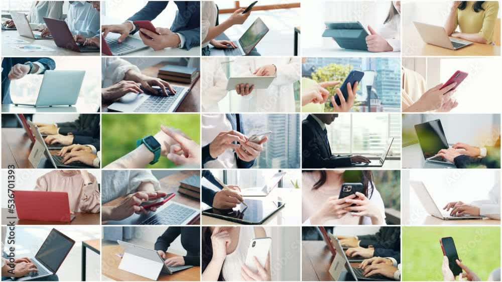 Collage of various mobile devices using scenes. Multi screen. Scaling transition.