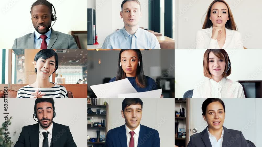 Group of multi national people talking with video calling system. Multi screen. Scaling transition.