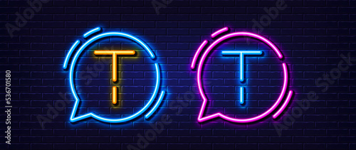 Initial letter T icon. Neon light line effect. Line typography character sign. Large first font letter. Glowing neon light speech bubble. Letter T glow 3d line. Brick wall banner. Vector