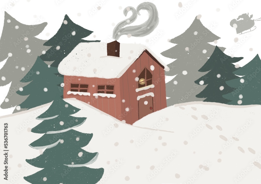 Illustration d’une maison dans une forêt de sapin. Il y a des pas dans la neige, le traîneau du père Noël, la lumière qui scintille dans la nuit de l’hiver. Idéal pour une carte de voeux