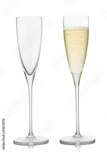 Champagne full and empty glasses on white background.