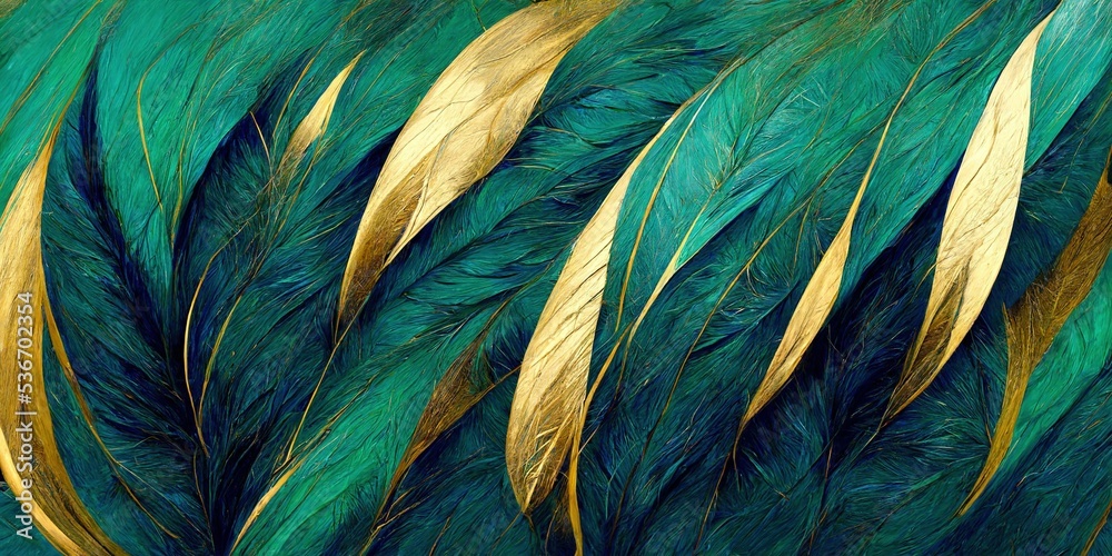 Abstract background with turquoise and golden feathers pattern texture - obrazy, fototapety, plakaty 