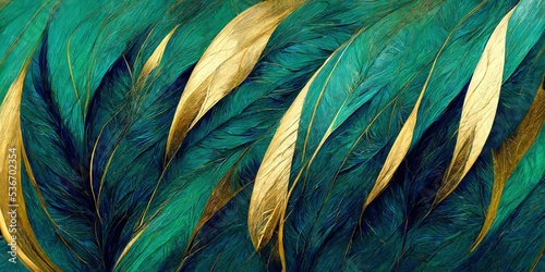 Fototapeta Abstract background with turquoise and golden feathers pattern texture
