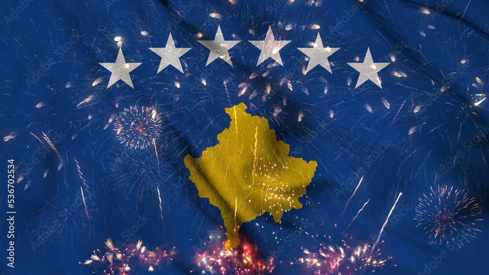 Kosovo flag seamless animation with fireworks. Best stock of Kosovo