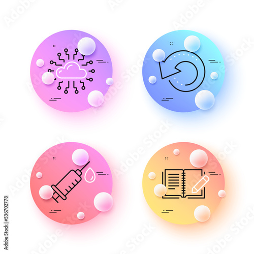 Cloud network, Medical syringe and Recovery data minimal line icons. 3d spheres or balls buttons. Feedback icons. For web, application, printing. Online storage, Vaccination, Backup info. Vector