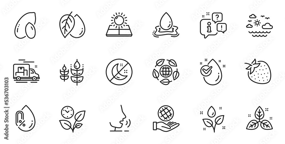 Outline set of Travel sea, Gluten free and Safe planet line icons for web application. Talk, information, delivery truck outline icon. Include No alcohol, Eco organic, Peanut icons. Vector