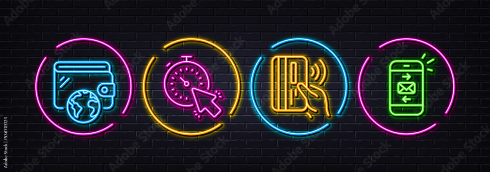 Contactless payment, Wallet and Timer minimal line icons. Neon laser 3d lights. Mail icons. For web, application, printing. Bank money, Internet money, Time management. Vector Contactless payment, Wallet and Timer minimal line icons. Neon laser 3d lights. Mail icons. For web, application, printing. Bank money, Internet money, Time management. Vector