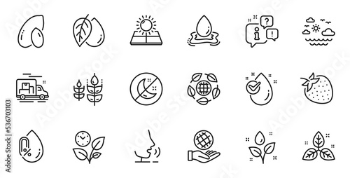 Outline set of Travel sea, Gluten free and Safe planet line icons for web application. Talk, information, delivery truck outline icon. Include No alcohol, Eco organic, Peanut icons. Vector