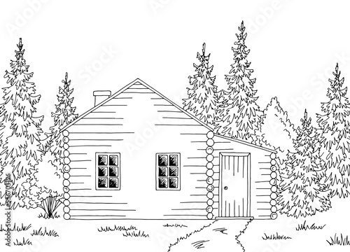Wood cabin house graphic black white landscape sketch illustration vector 