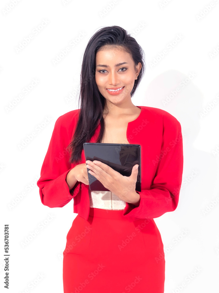 Beautiful Asian woman cute girl in red dress playing a smart phone tablet computer isolated on white background - mobile phone uses a online banking for pay online shopping Beautiful Asian woman cute girl in red dress playing a smart phone tablet computer isolated on white background - mobile phone uses a online banking for pay online shopping