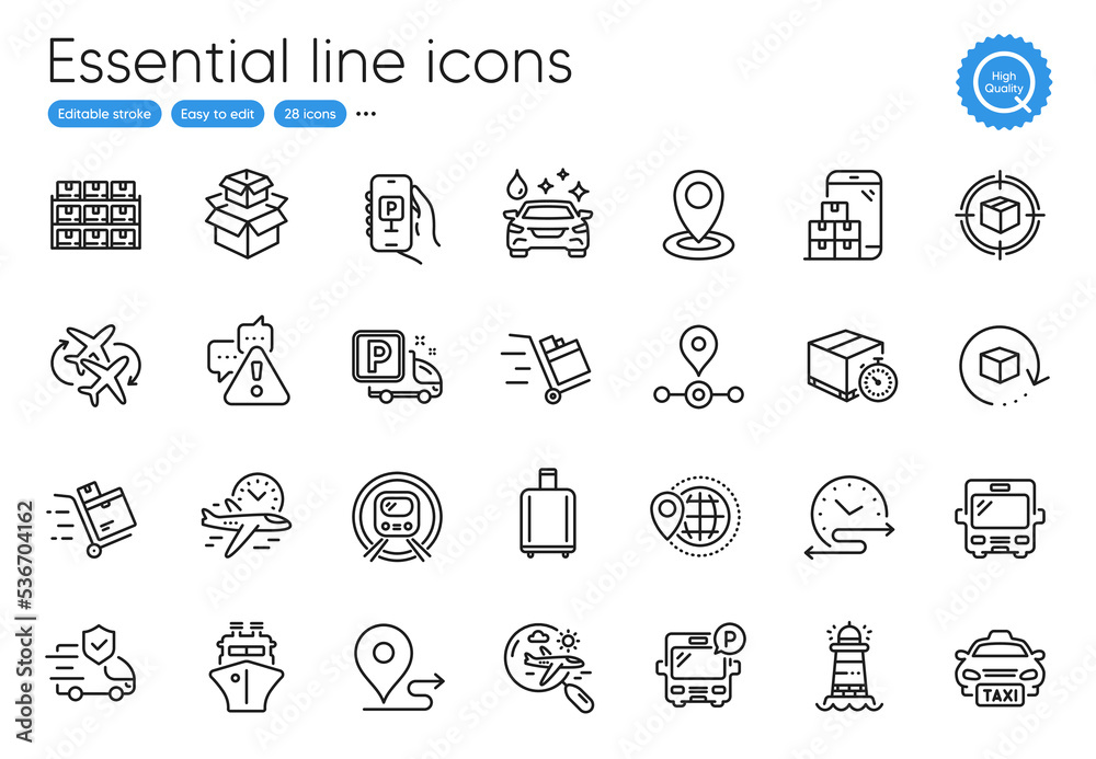 Bus, Return package and Delivery timer line icons. Collection of Parking app, Metro subway, Truck parking icons. Parcel tracking, Time schedule, Car wash web elements. Inventory cart. Vector