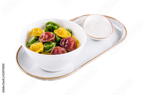 Colorful dumplings in a white plate
