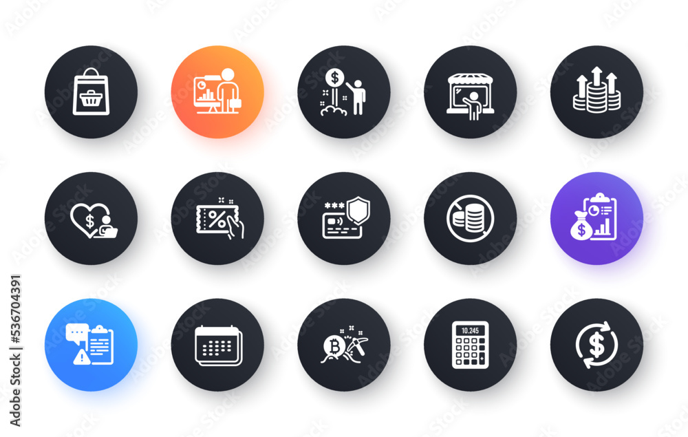Minimal set of Calculator, Volunteer and Clipboard flat icons for web development. Online buying, Market seller, Budget icons. Discount coupon, Calendar, Income money web elements. Vector