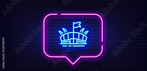 Neon light speech bubble. Sports stadium line icon. Arena with flag sign. Sport complex symbol. Neon light background. Arena glow line. Brick wall banner. Vector