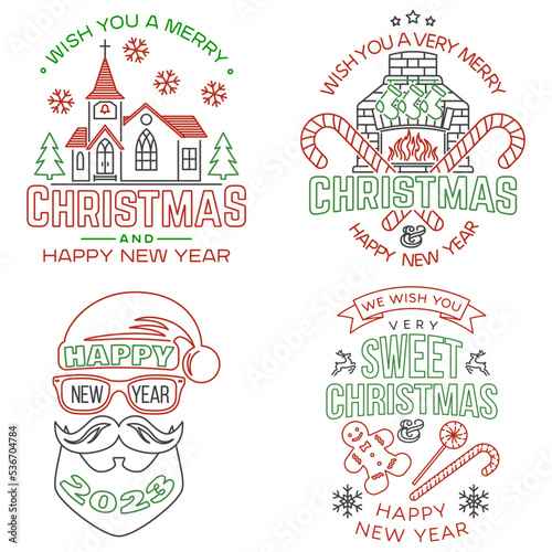 Set of Merry Christmas and Happy New Year stamp, sticker Set quotes with Catholic Church, fireplace, christmas socks, candy, santa claus. Vector. Line art design for xmas, new year emblem.