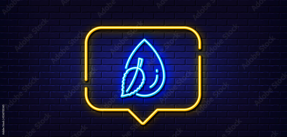 Neon light speech bubble. Mint water drop line icon. Clean aqua leaf sign. Liquid symbol. Neon light background. Water drop glow line. Brick wall banner. Vector Neon light speech bubble. Mint water drop line icon. Clean aqua leaf sign. Liquid symbol. Neon light background. Water drop glow line. Brick wall banner. Vector