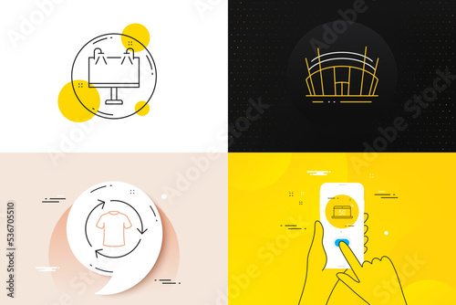 Minimal set of Change clothes, Road banner and Arena stadium line icons. Phone screen, Quote banners. 5g notebook icons. For web development. Shirt, Advertisement, Sport complex. Vector