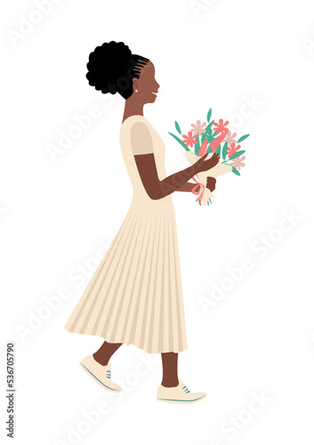 Cute little girl in an airy dress with a bouquet of flowers. Congratulations on the holiday. Vector illustration isolated on white background.