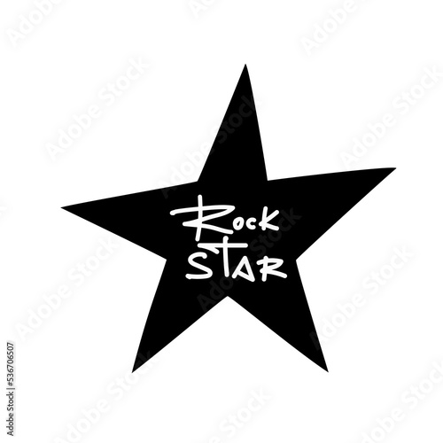 Isolated white Rock star graffiti tag on a black star. Handwritten phrase for design t-shirt, postcard, prints, stickers or social media. Vector illustration.