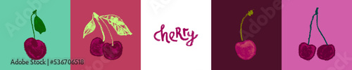 Cherry icons. Hand drawn fruit drawing. Cherry yogurt symbol of merry illustration for baby food logo, juice label design, berry sign, fruity packaging. Vector cherries sketch. Healthy food idea.