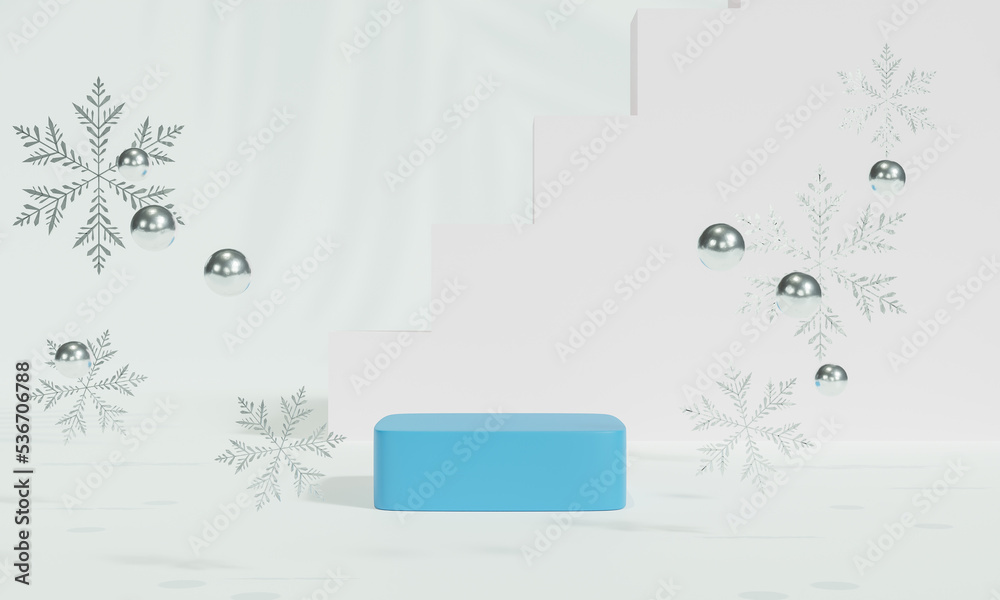 Fototapeta premium Christmas podium for branding and packaging presentation. Product display with gift boxes, Christmas showcase. Cosmetic and fashion. 3d rendering.
