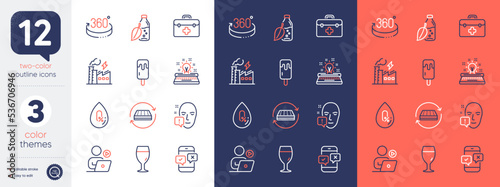 Set of No alcohol, Phone survey and Video conference line icons. Include Mattress, Electricity factory, Water bottle icons. Beer glass, 360 degrees, Ice cream web elements. First aid. Vector