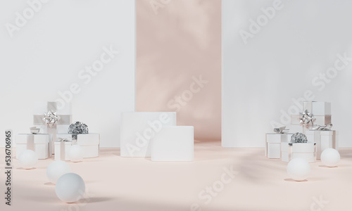 Abstract minimal scene cosmetic pastel background with gift box for product presentation. Tropical leaves natural shadow on wall background  3d rendering.