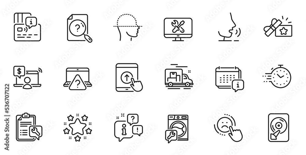 Outline set of Spanner, Dislike and Repair line icons for web application. Talk, information, delivery truck outline icon. Include Stars, Online shopping, Swipe up icons. Vector Outline set of Spanner, Dislike and Repair line icons for web application. Talk, information, delivery truck outline icon. Include Stars, Online shopping, Swipe up icons. Vector