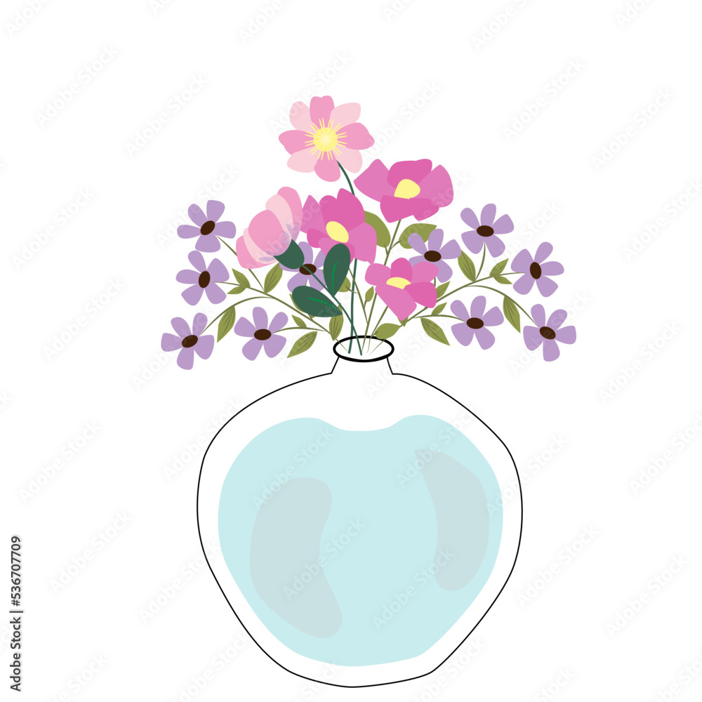 Florero con flores en tonos rosas y lilas. Florero con flores en tonos rosas y lilas.