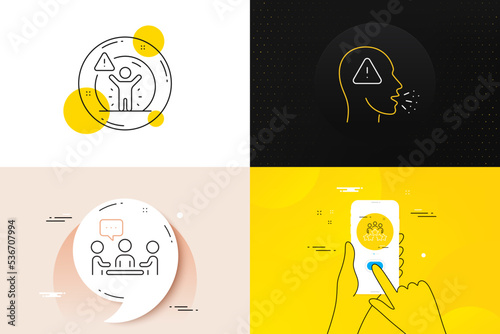 Minimal set of People chatting, Cough and Social distance line icons. Phone screen, Quote banners. Business meeting icons. For web development. Conference, Flu symptom, People protection. Vector
