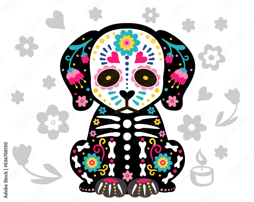 Day of the Dead, Dia de los muertos, animal skull and skeleton decorated with colorful Mexican elements and flowers. Cute Dog skeleton
