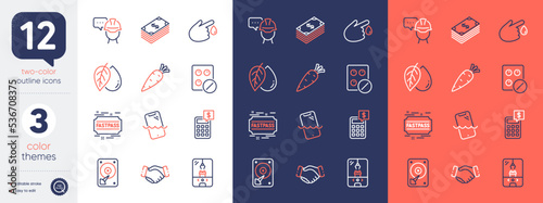 Set of Mineral oil, Calculator and Dollar line icons. Include Handshake, Fastpass, Foreman icons. Medical tablet, Carrot, Hdd web elements. Smartphone waterproof, Blood donation. Vector
