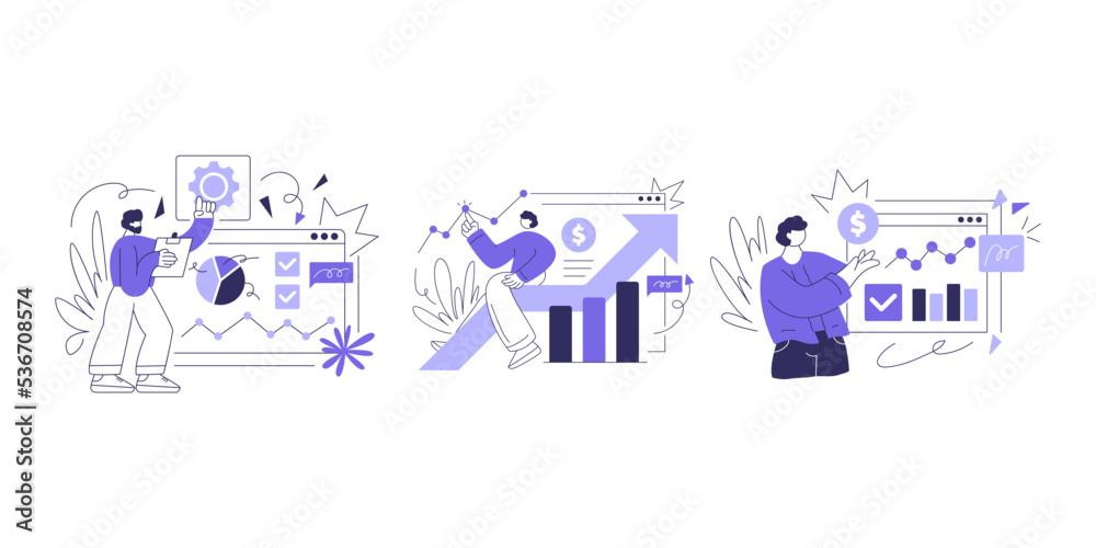 Flat vector design statistical and Data analysis for business finance investment concept. Flat vector illustration isolated on white background Flat vector design statistical and Data analysis for business finance investment concept. Flat vector illustration isolated on white background
