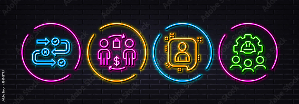 Developers chat, Buying process and Survey progress minimal line icons. Neon laser 3d lights. Engineering team icons. For web, application, printing. Manager talk, Supermarket bag, Algorithm. Vector