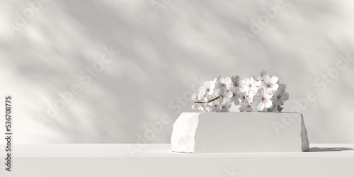 3D cosmetic background, 3D stone podium natural light shadow and white sakura for display products, perfume, cosmetic background. 3D rendering illustration