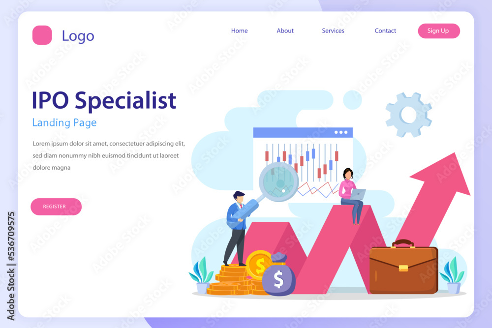 IPO Initial Public Offering Concept. IPO landing page website flat vector template
