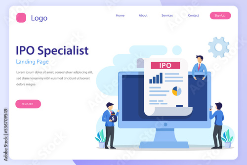IPO Initial Public Offering Concept. IPO landing page website flat vector template