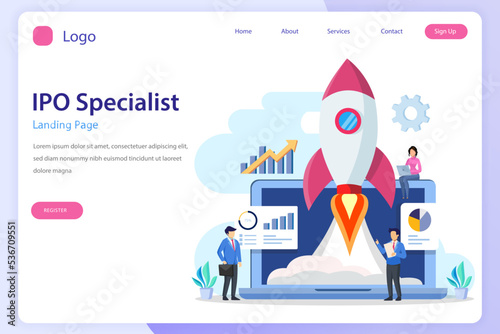 IPO Initial Public Offering Concept. IPO landing page website flat vector template