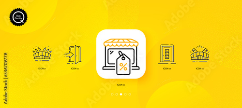 Entrance, Market sale and Door minimal line icons. Yellow abstract background. Sports arena, Arena stadium icons. For web, application, printing. Open door, Store discounts, Event stadium. Vector