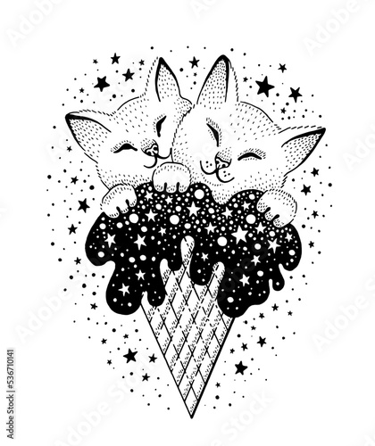 Cat ice cream. Cute space animal graphic. Illustration summer pattern. Magic shirt vector. Awesome galaxy baby cats. Kitty symbol. Adorable cool boy, girl birthday print. Star ice cream dessert tattoo