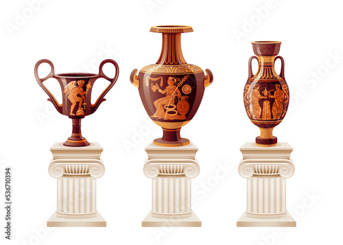 Greek vases on columns background. Antique god mythology museum. Red figure vase painting. Athens clay hellenic statue. Ancient roman greek vector amphora jug urn. Classic art gallery pattern isolated
