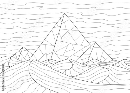Desert pyramid coloring graphic black white landscape sketch illustration vector