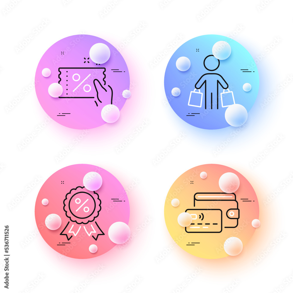 Wallet, Discount medal and Buyer minimal line icons. 3d spheres or balls buttons. Discount coupon icons. For web, application, printing. Credit card money, Sale award, Shopping customer. Vector Wallet, Discount medal and Buyer minimal line icons. 3d spheres or balls buttons. Discount coupon icons. For web, application, printing. Credit card money, Sale award, Shopping customer. Vector
