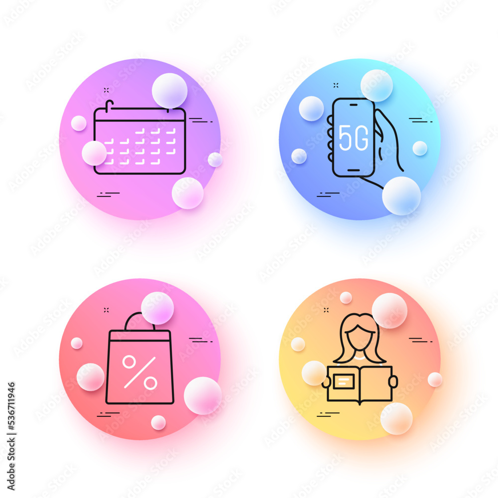 Calendar, 5g internet and Shopping bag minimal line icons. 3d spheres or balls buttons. Woman read icons. For web, application, printing. Business audit, Phone network, Supermarket discounts. Vector Calendar, 5g internet and Shopping bag minimal line icons. 3d spheres or balls buttons. Woman read icons. For web, application, printing. Business audit, Phone network, Supermarket discounts. Vector