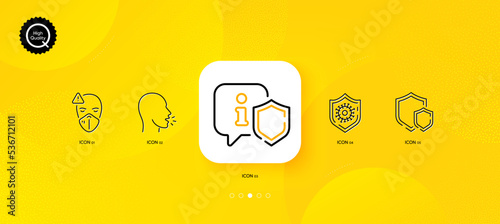 Shields, Shield and Cough minimal line icons. Yellow abstract background. Coronavirus protection, Medical mask icons. For web, application, printing. Vector