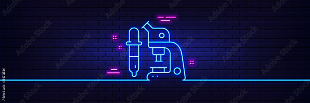 Neon light glow effect. Microscope line icon. Laboratory equipment sign. Science lab instrument symbol. 3d line neon glow icon. Brick wall banner. Microscope outline. Vector Neon light glow effect. Microscope line icon. Laboratory equipment sign. Science lab instrument symbol. 3d line neon glow icon. Brick wall banner. Microscope outline. Vector