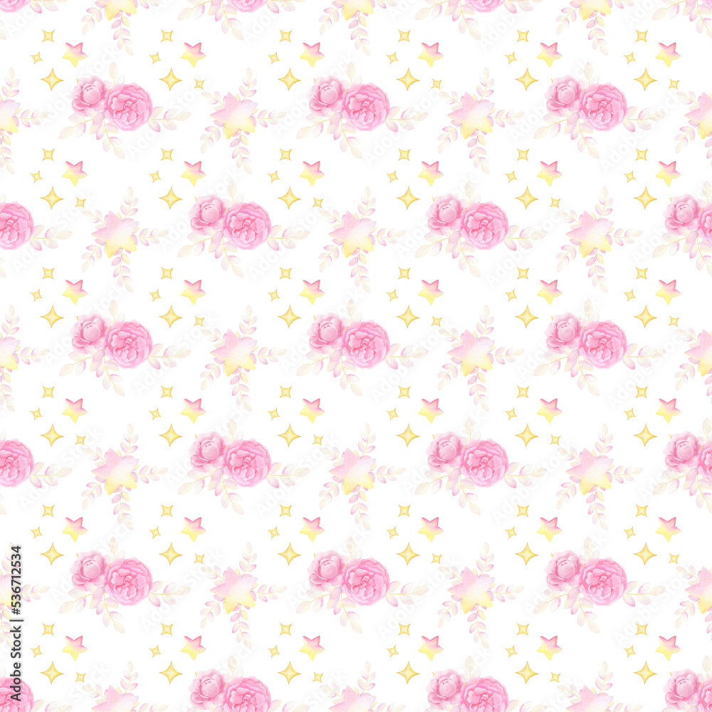 Watercolor seamless pattern with peonies and yellow stars 