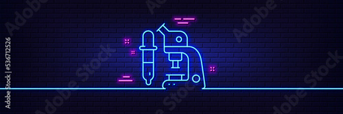 Neon light glow effect. Microscope line icon. Laboratory equipment sign. Science lab instrument symbol. 3d line neon glow icon. Brick wall banner. Microscope outline. Vector