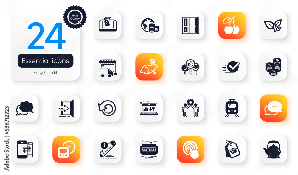 Set of Business flat icons. Metro, Animal tested and Edit elements for web application. Cherry, Train, Checkbox icons. Recovery data, Budget, Open door elements. Chat message, Click. Vector Set of Business flat icons. Metro, Animal tested and Edit elements for web application. Cherry, Train, Checkbox icons. Recovery data, Budget, Open door elements. Chat message, Click. Vector